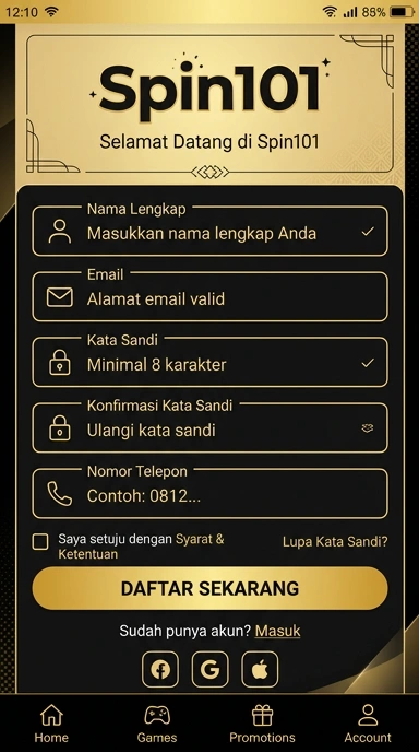 Tampilan halaman daftar spin101