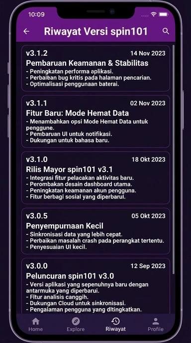 Tampilan riwayat versi spin101
